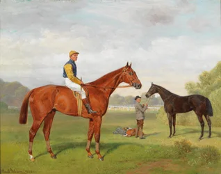 Dansk: Arulo og Komamasszony, to sejrrige raceheste fra godset Baron Hermann von Konigswarter med jockeyen Robert Adamsn